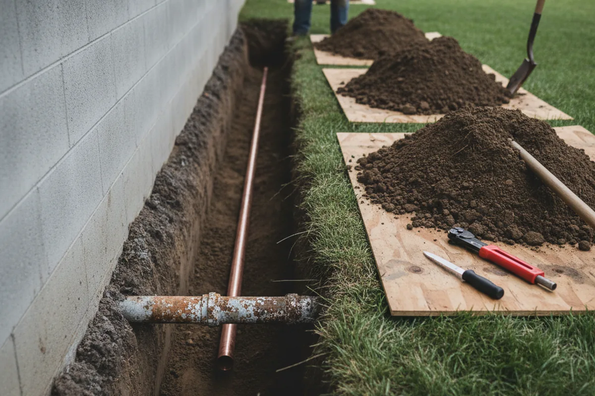 Excavated water line trench during Water Heater Repair in Franklin Grove